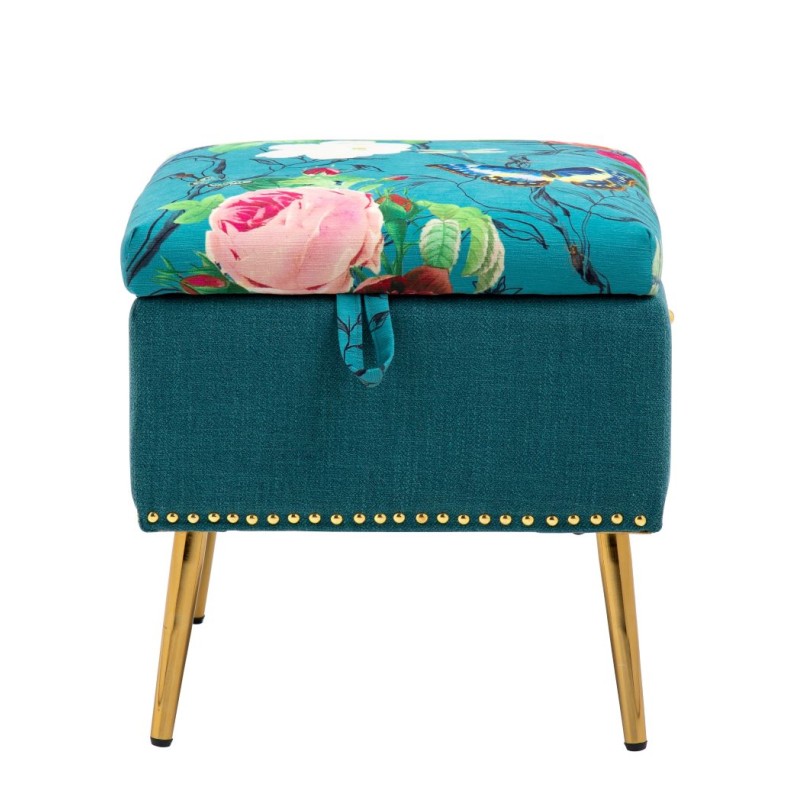 Pink Flowers and Butterflies on Small Blue Storage Ottoman