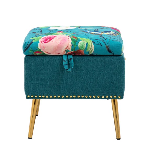 Pink Flowers and Butterflies on Small Blue Storage Ottoman
