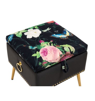 Pink Roses and Butterflies on Small Black Storage Ottoman