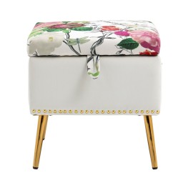 Red Flowers and Butterflies on Small Beige Storage Ottoman