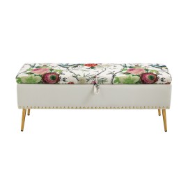 Red Flowers and Butterflies on Large Beige Storage Ottoman
