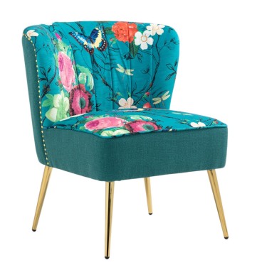 Red Flowers and Butterflies on Blue Accent Chair v2